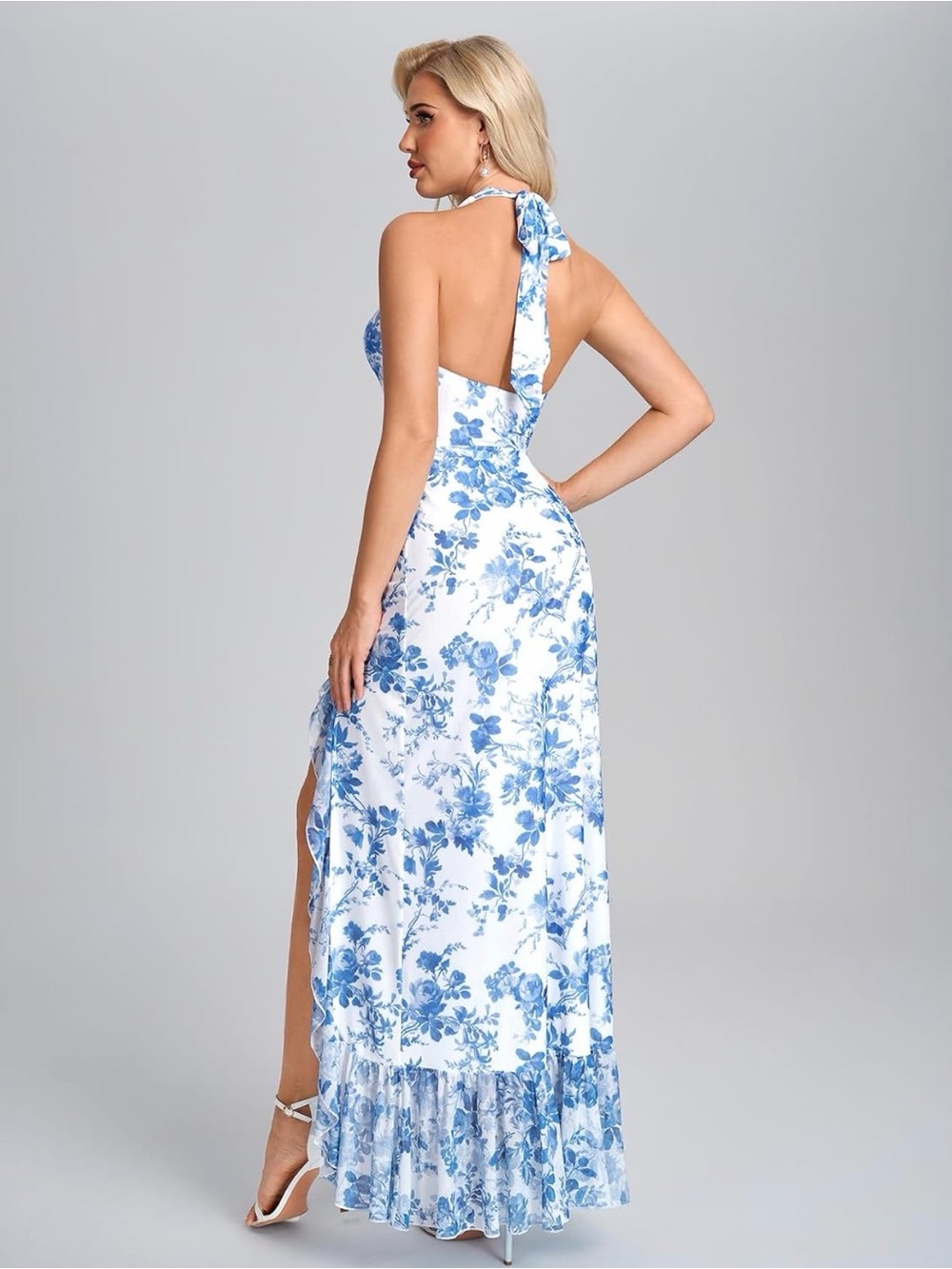 Halter Blue Floral High-Low Maxi Dress - Picture 3 of 4